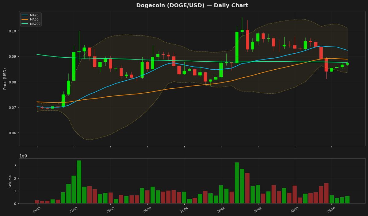 Dogecoin punta al rimbalzo con RSI vicino alla zona di ipervenduto a $0,0872