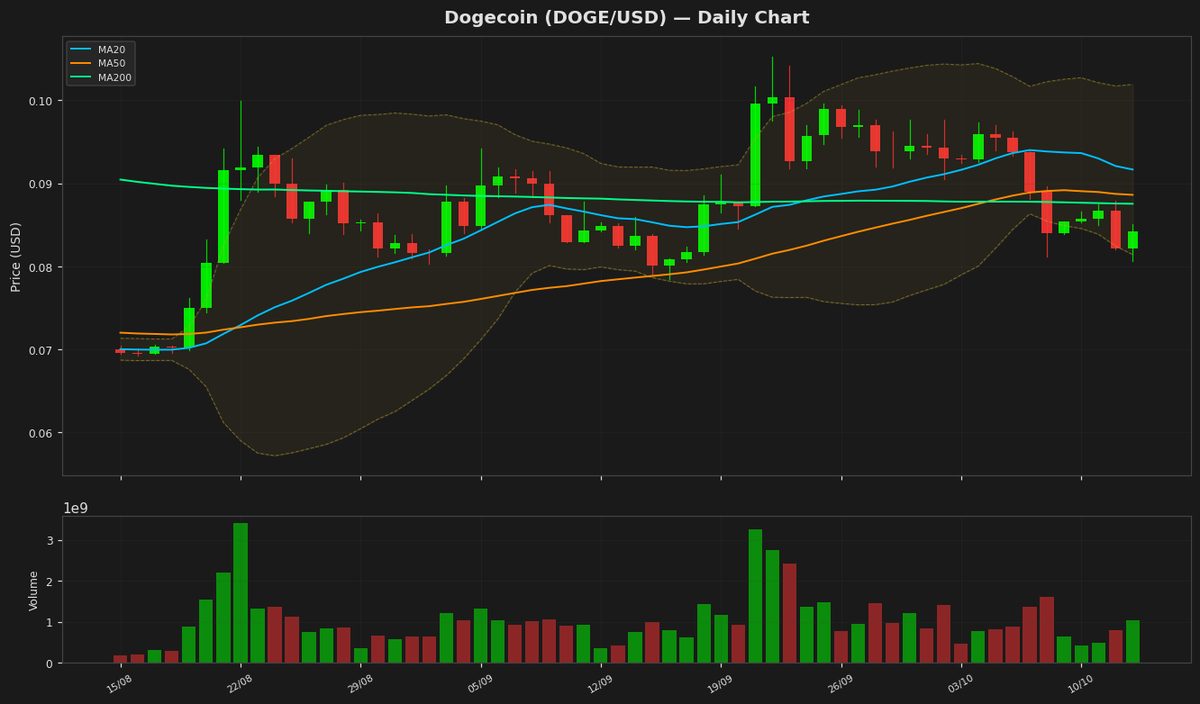 Dogecoin busca recuperación mientras el RSI se acerca a sobreventa en $0.0842