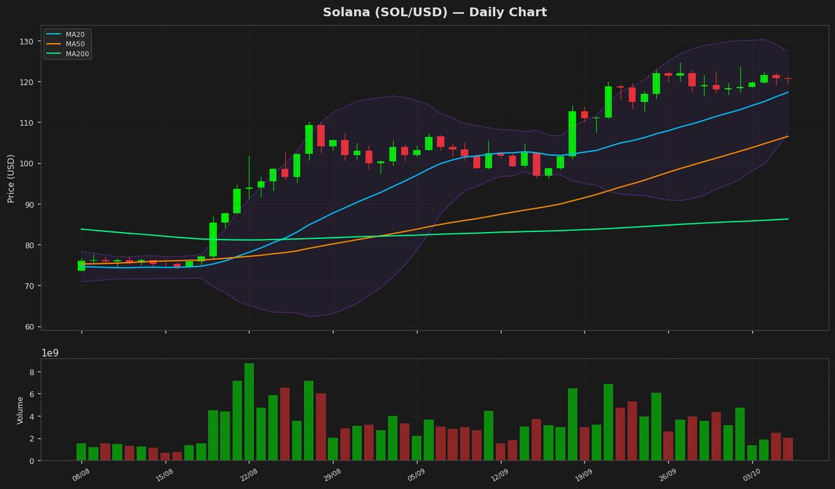Solana Holds at $120 as RSI Nears Midpoint