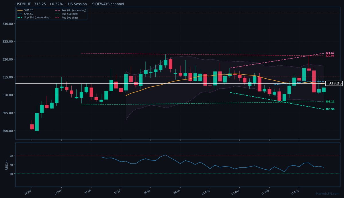 USD/HUF: Up 0.32% to 313.25 — Price Holds Above SMA-20