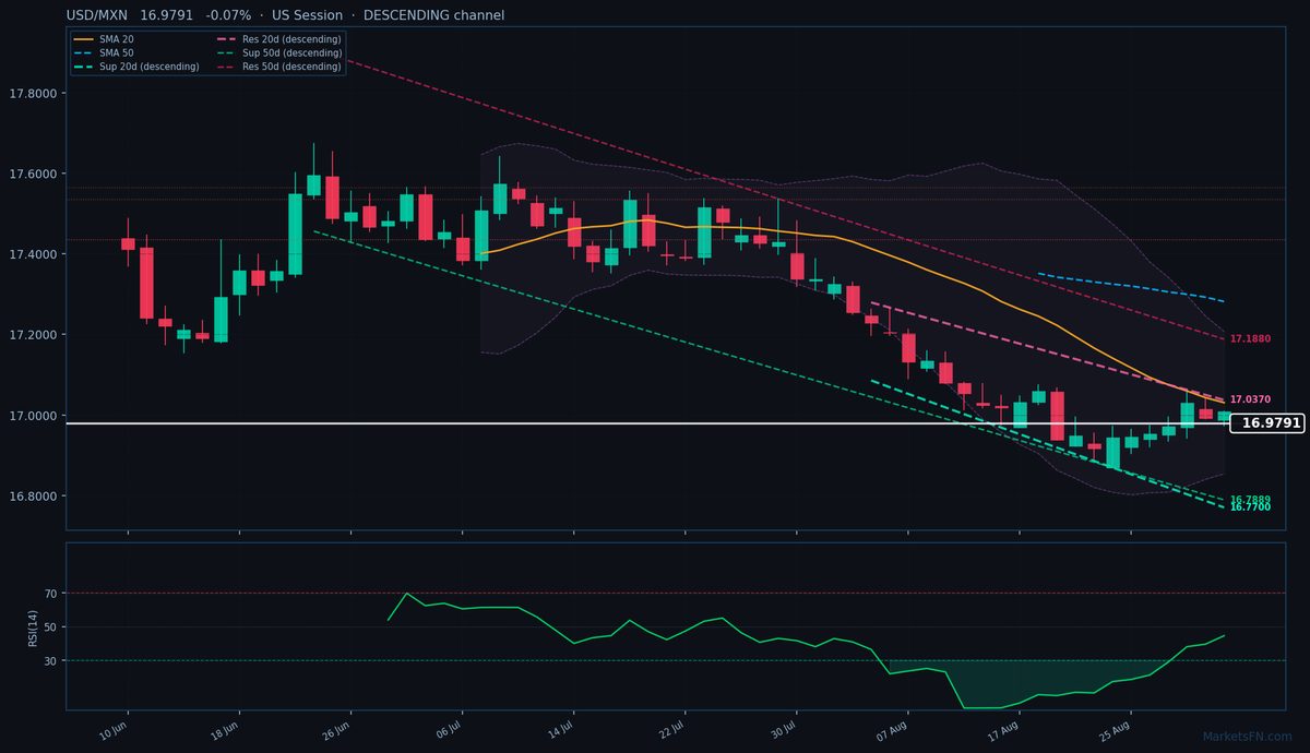 USD/MXN: Down 0.07% to 16.9791 — Descending Channel