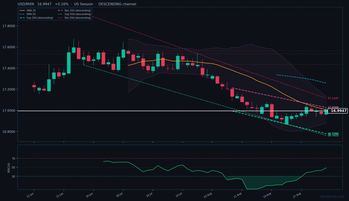 USD/MXN: Up 0.16% to 16.9947 — Descending Channel