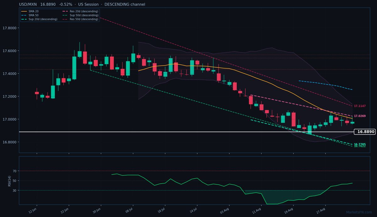 USD/MXN: Down 0.52% to 16.8890 — Descending Channel