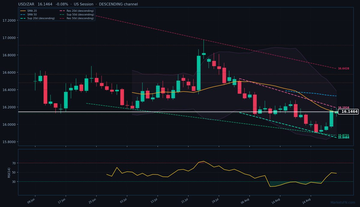 USD/ZAR: Down 0.08% to 16.1464 — Descending Channel
