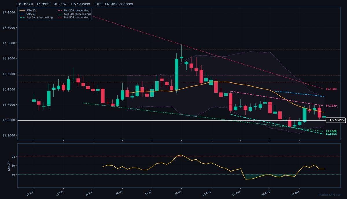USD/ZAR: Down 0.23% to 15.9959 — Descending Channel