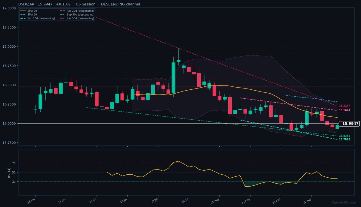 USD/ZAR: Up 0.10% to 15.9947 — Descending Channel